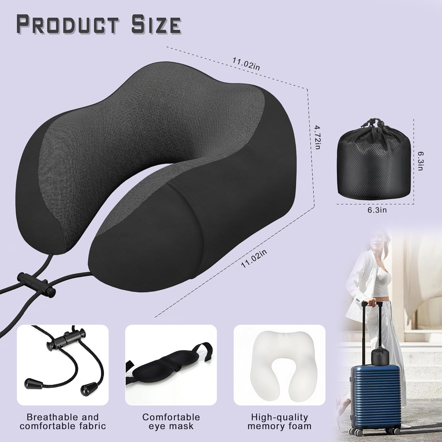 Neck Travel Pillow, Upgraded Memory Foam Pillow for Airplane, Machine Washable, Adjustable Flight Pillow, Suitable for Sleeping Airplane, Car, Office and Home (Black) - Image 2