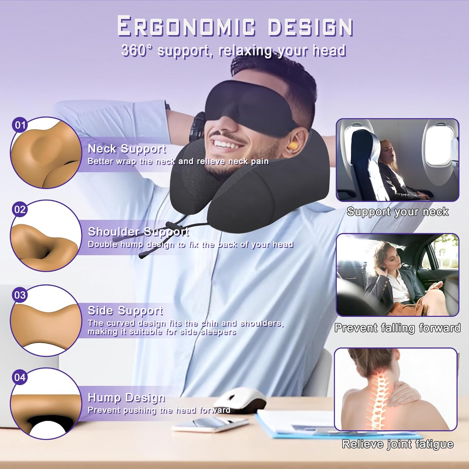 Neck Travel Pillow, Upgraded Memory Foam Pillow for Airplane, Machine Washable, Adjustable Flight Pillow, Suitable for Sleeping Airplane, Car, Office and Home (Black) - Image 3