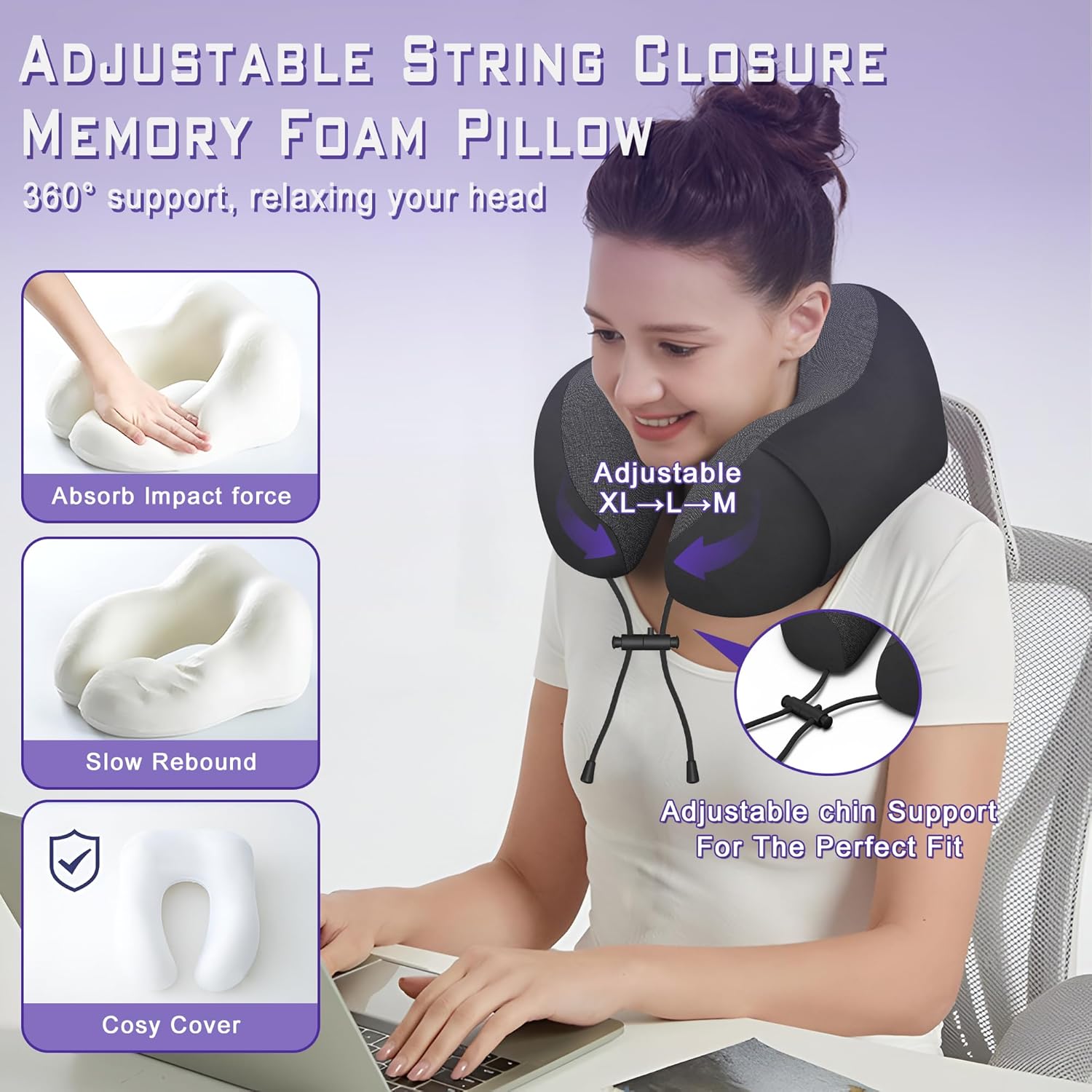 Neck Travel Pillow, Upgraded Memory Foam Pillow for Airplane, Machine Washable, Adjustable Flight Pillow, Suitable for Sleeping Airplane, Car, Office and Home (Black) - Image 4