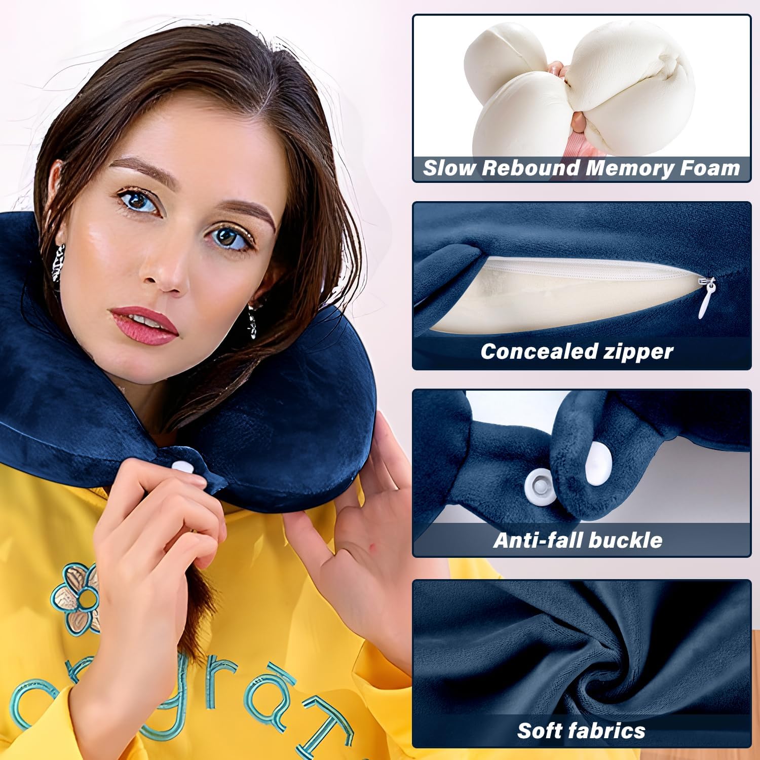 Memory Foam Travel Neck Pillow U Shape Comfortable Neck and Head Support for Planes Trains Self Driving Cars (Dark Blue) - Image 4