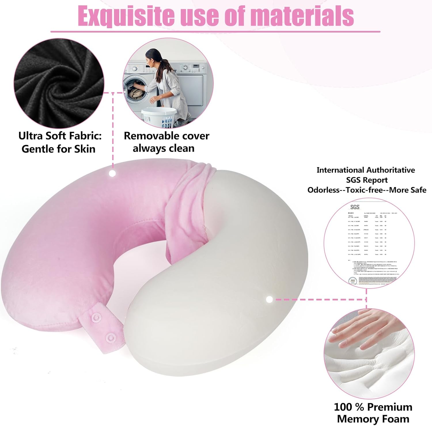 SAIREIDER Travel Neck Pillow 100% Pure Memory Foam Airplane Pillow for Head Support,Soft Adjustable Pillow for Plane, Car & Home Recliner (Pink) - Image 4